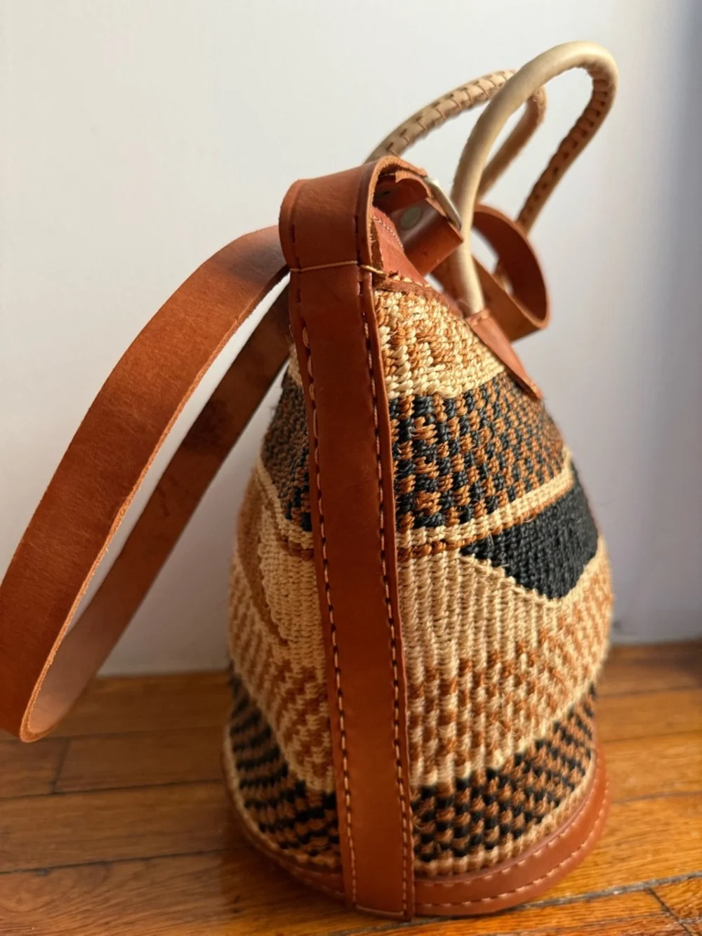 Handwoven Brown African Sisal Tote Bag Kenyan Basket Bag Leather Trim Large - Picture 2 of 11